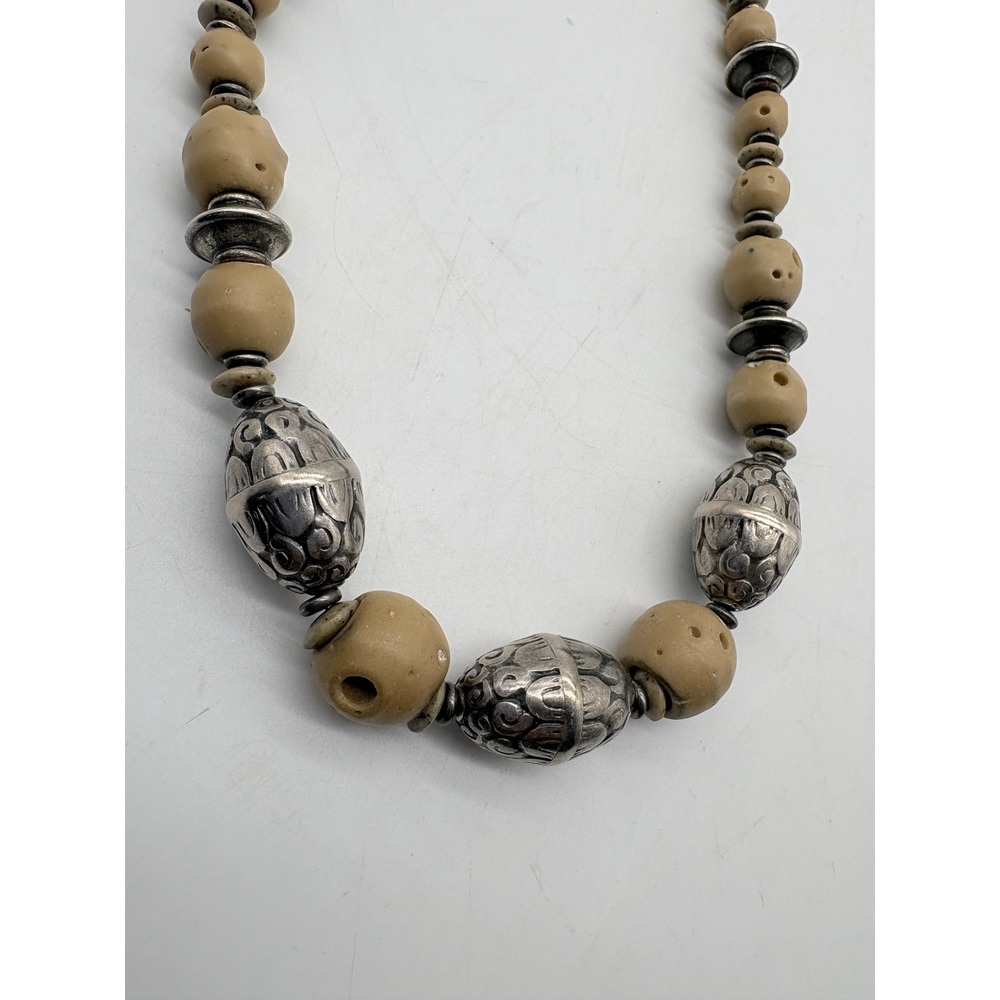 Boho Artisan Tan Carved Bead Necklace Silver Tone Ornate Metal Accents 28 Inch - Picture 7 of 11